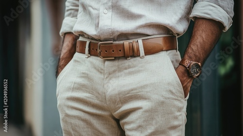 A fashionable guy in a linen shirt tucked into beige pants, accentuated by a wide leather belt. photo