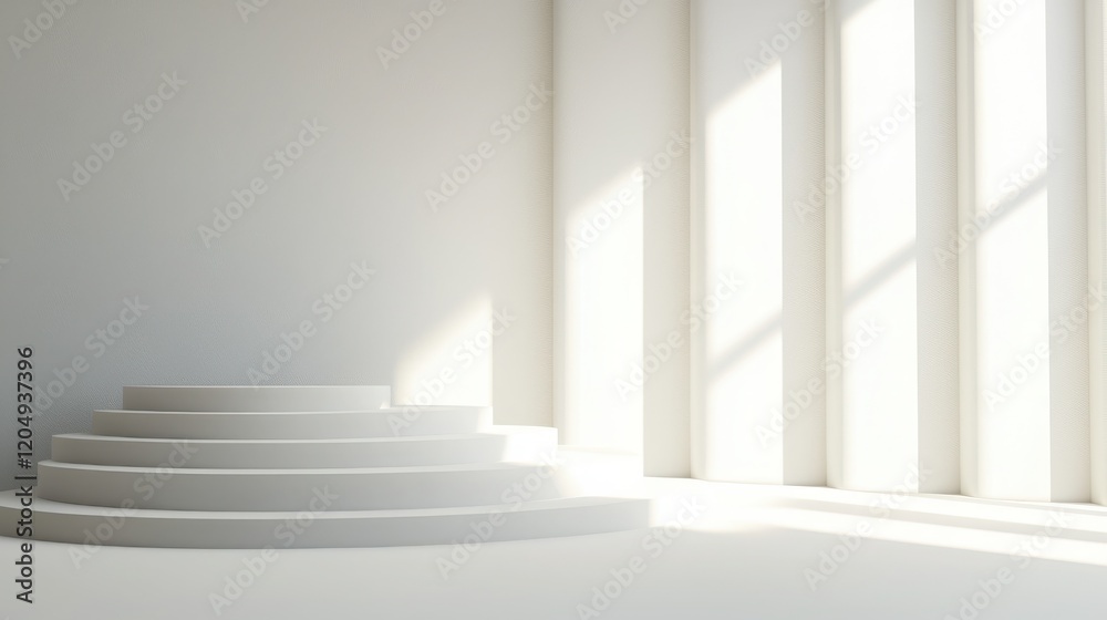 Minimalist 3D Room with Light Streaming Through Tall Windows and Elevated Platform Design Minimalist 3D Room with Light Streaming Through Tall Windows and Elevated Platform Design