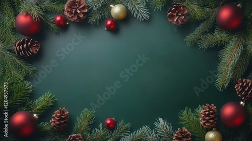 Festive Christmas Border: Green Background with Ornaments photo