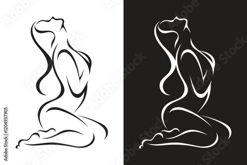 Woman Yoga Pose Line Drawing, Minimalist linear female figure, curved woman body line art illustration, Black silhouette beautiful lady, simple stylized lines vector illustration,