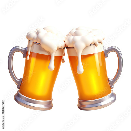 Two beer mugs with foam transparent background