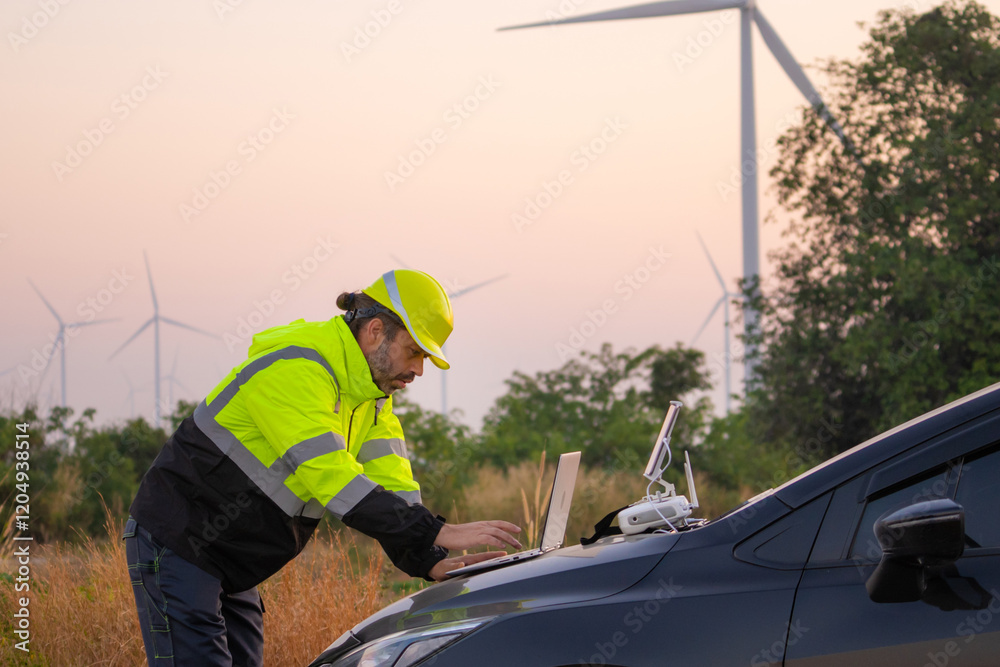 Engineer working on laptop in front of wind turbines for checking wind turbines of the field during beautiful sunset. Alternative energy concept. Engineer working on laptop in front of wind turbines for checking wind turbines of the field during beautiful sunset. Alternative energy concept.