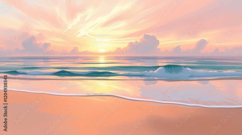 Golden sunlight paints the sky and sea with vibrant hues as the sun dips below the horizon, casting long shadows on the sandy beach Golden sunlight paints the sky and sea with vibrant hues as the sun dips below the horizon, casting long shadows on the sandy beach