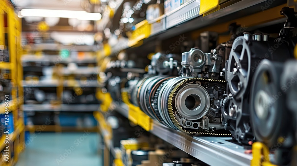 A close-up of car engine parts, including pistons, alternators, and timing belts, organized neatly in an auto parts warehouse A close-up of car engine parts, including pistons, alternators, and timing belts, organized neatly in an auto parts warehouse