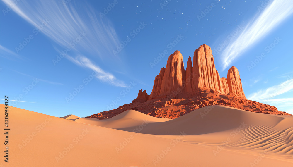 Naklejka premium A stunning desert landscape featuring towering red rock formations under a clear blue sky, with sand dunes in the foreground.