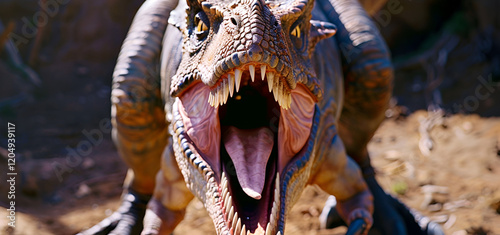 A Dinosaur Roaring Loudly With Sharp Teeth Visible

 photo