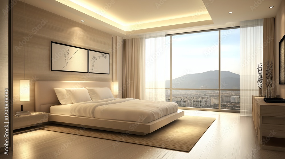 Fototapeta premium Modern Minimalist Bedroom with Large Window and Urban View