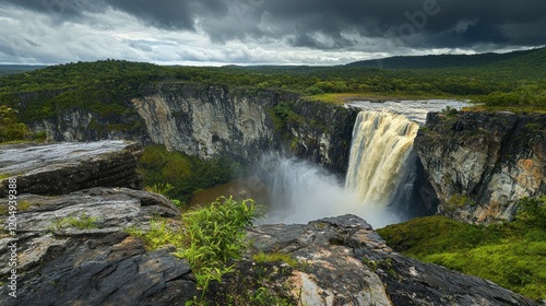 Dramatic Waterfall Landscape, Jungle Cliffs, Rainforest, Stormy Sky