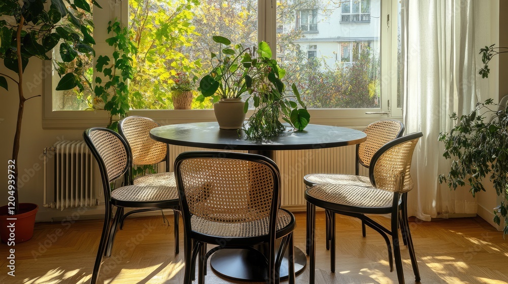 Obraz premium A contemporary dining area featuring a black metal table, designer rattan chairs, and decorative indoor plants