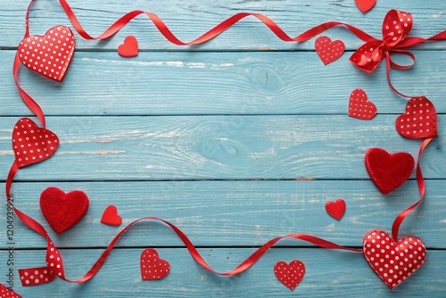 Happy valentine and hearts special. Happy Valentine's Day with red hearts and ribbons on a blue wooden background
