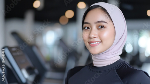 Malay woman doing exercise workout in a modern gym equipment, healthy lifestyle