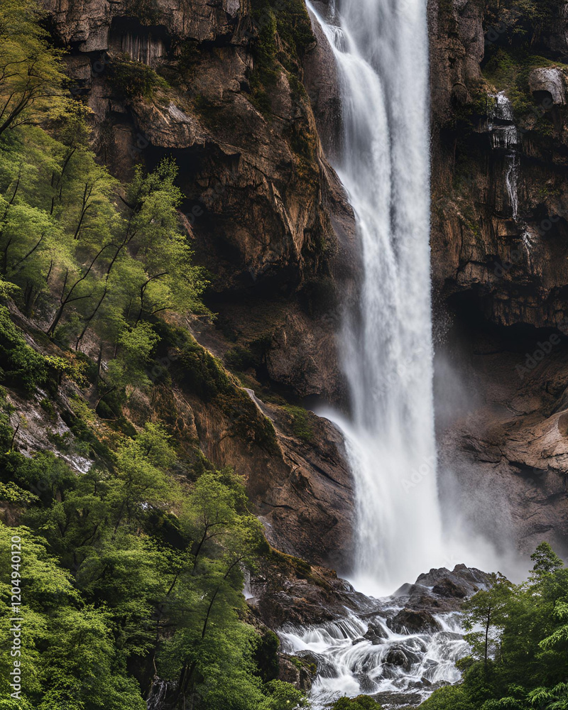 Obraz premium waterfall, valley, butterflies, nature park, forest trails, flowing stream, peaceful place, green trees, beautiful valley, natural spot, quiet forest, fresh nature, butterfly park, clear river, stunni