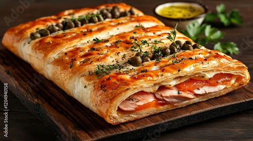 Wallpaper Mural Baked salmon pastry with capers on wooden board. Torontodigital.ca