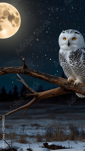 A majestic snowy owl perched on a weathered, dead tree branch at night