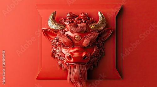 Intricate Red Ox Mask Festive Chinese Design photo