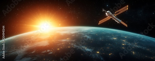 Wallpaper Mural Space Station Orbiting Earth at Sunrise, City Lights Visible Torontodigital.ca