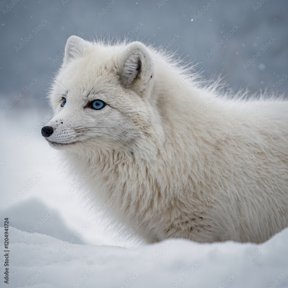 Arctic Fox in Snow: A white arctic fox with soft, fluffy fur blending into the white background. Its black nose and sharp blue eyes stand out vividly, giving a sense of its environment. Arctic Fox in Snow: A white arctic fox with soft, fluffy fur blending into the white background. Its black nose and sharp blue eyes stand out vividly, giving a sense of its environment.