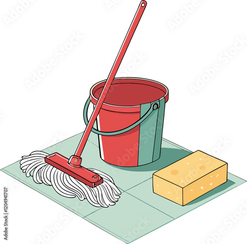 Cleaning Supplies Vector – Home Cleaning Tools with Brush and Bucket Illustration
