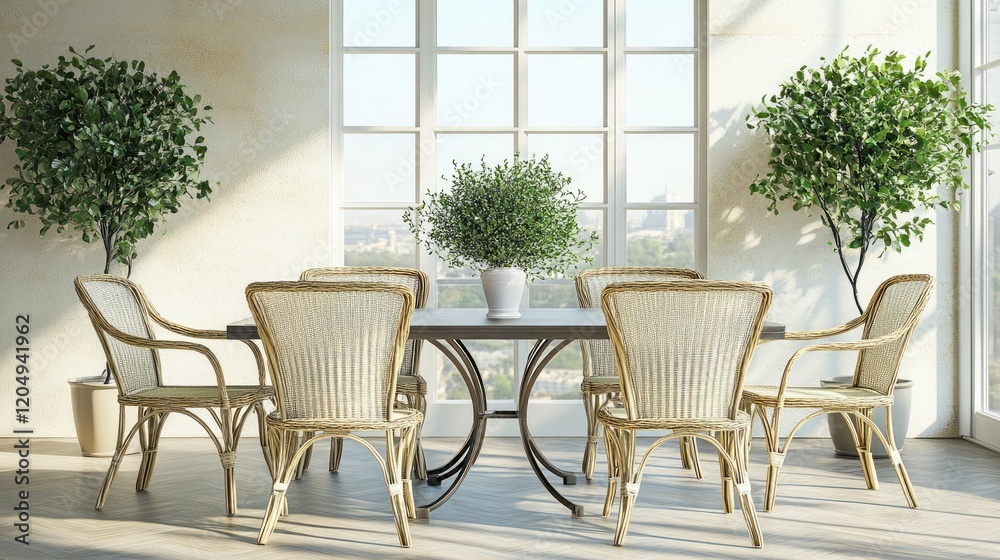 A contemporary dining space showcasing a rectangular metal table, four natural rattan chairs, and chic indoor plants A contemporary dining space showcasing a rectangular metal table, four natural rattan chairs, and chic indoor plants