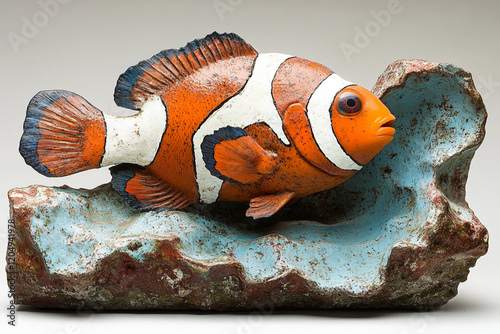 A Detailed Sculpture Of An Orange And White Clownfish photo