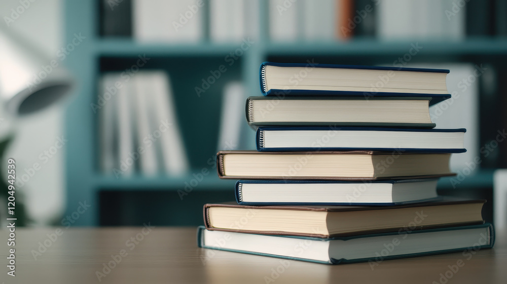 Stacked medical textbooks on desk with lamp, creating studious atmosphere Stacked medical textbooks on desk with lamp, creating studious atmosphere
