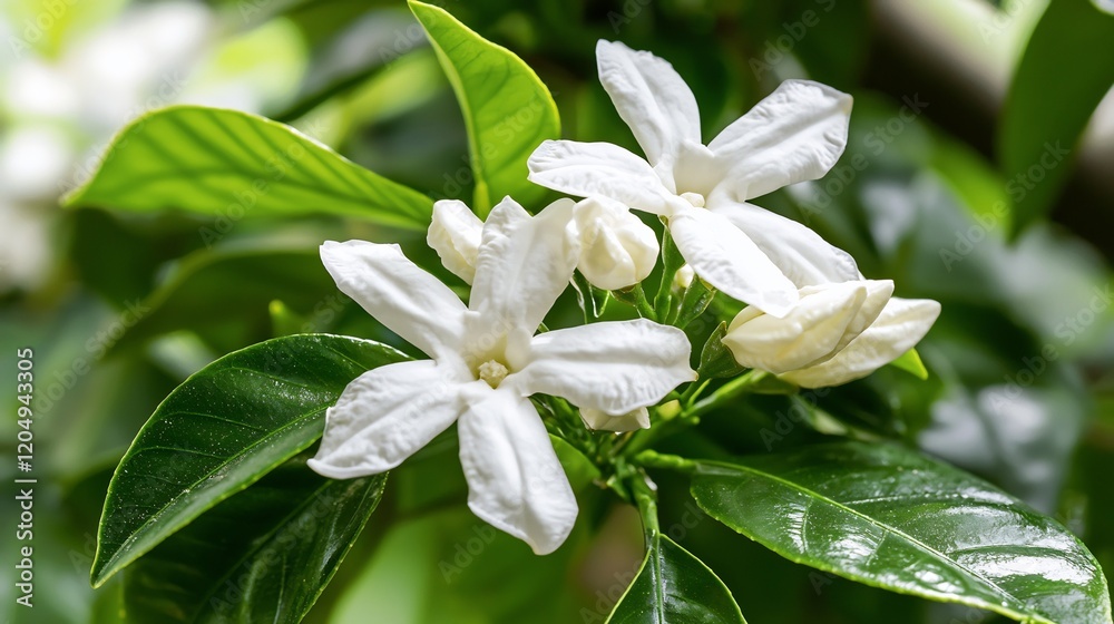 Close-up of blooming white pinwheel jasmine flowers with lush green leaves Close-up of blooming white pinwheel jasmine flowers with lush green leaves