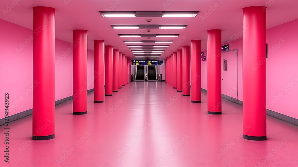 Pink Corridor with Cylindrical Columns Leading to Escalator Pink Corridor with Cylindrical Columns Leading to Escalator
