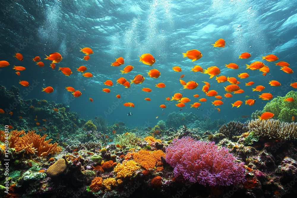 Vibrant Coral Reef Fish Schooling Underwater Scene Vibrant Coral Reef Fish Schooling Underwater Scene