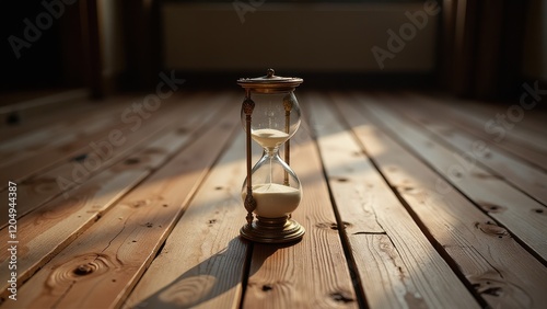 Golden hourglass rests on a wooden floor, its translucent glass capturing light as white sand gracefully descends within photo