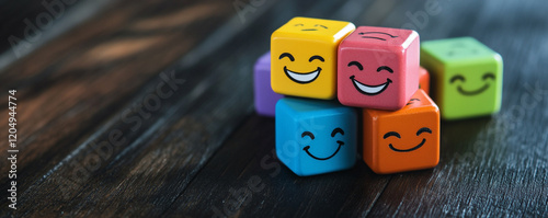 Cubes with expressive faces in bright colors on a dark wooden table, highlighting customer satisfaction