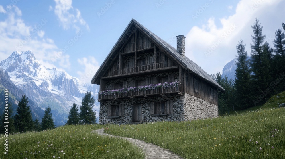 Classic Alpine Chalet with Wooden Beams Surrounded by Lush Greenery and Majestic Mountains Classic Alpine Chalet with Wooden Beams Surrounded by Lush Greenery and Majestic Mountains