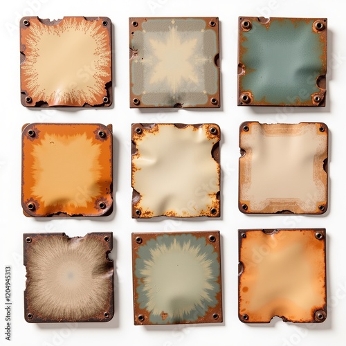 ヴィンテージブランク水彩 ソフトな落ち着いたトーン ジャンクジャーナル 金属ラベル 白い背景 詳細なリアルな反射 HD品質 自然光