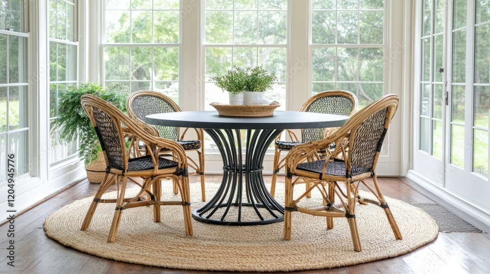 Fototapeta premium A dining area with a black metal table, four designer rattan chairs, and a boho-inspired rug underneath