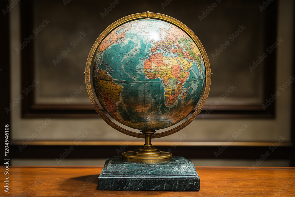 Antique Globe on Elegant Marble Base Rests on Wooden Surface Antique Globe on Elegant Marble Base Rests on Wooden Surface