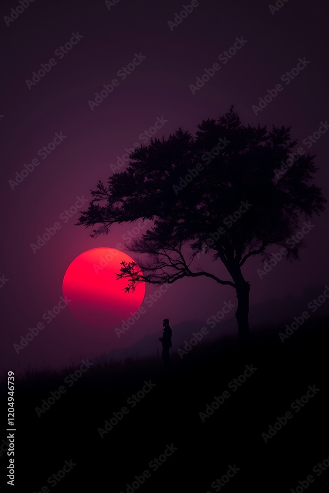Silhouette of person near tree at sunset. Silhouette of person near tree at sunset.