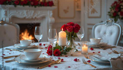 A high-resolution 4K image of an elegant, romantic Valentine's Day dinner setup. The scene includes a candle-lit table for two with fine china photo