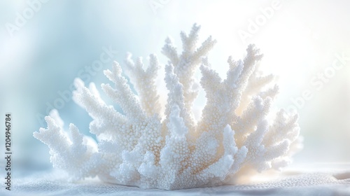 A pristine white coral piece isolated against a bright background, showing its organic shape and fine detail. photo