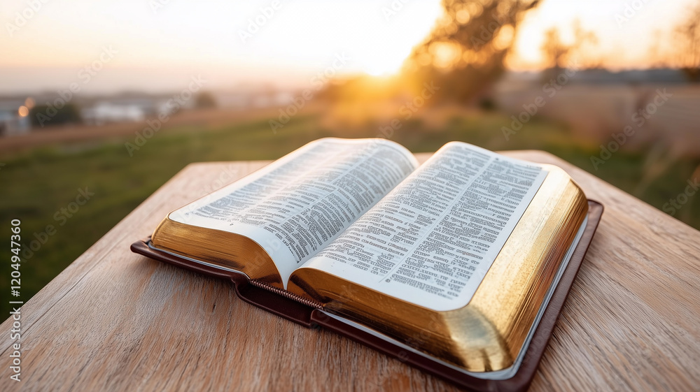Fototapeta premium Glowing Sunrise Shines Over Open Bible on Wooden Surface 