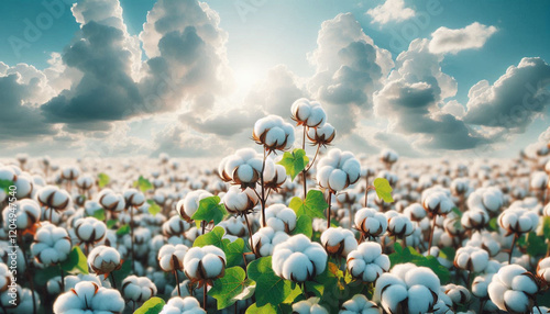 cotton crop field with fluffy white bolls under white sky for eco-friendly farming and natural agricultural designs