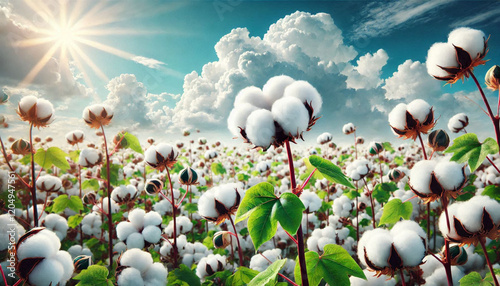 cotton field close-up with vibrant green leaves and fluffy bolls under white sky for organic crop cultivation ideas