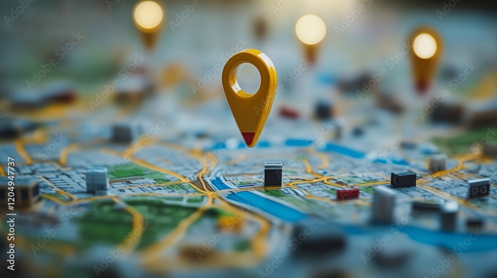 Pinpoint Precision: 3D City Map Design Featuring Roads, Structures, and a Pink Locator Pinpoint Precision: 3D City Map Design Featuring Roads, Structures, and a Pink Locator