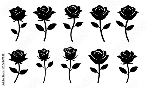 Set of vector black silhouettes of rose flower