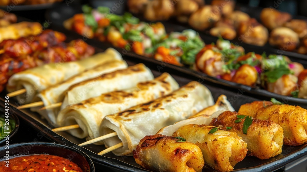 Colorful Array of Street Food Snacks Served on a Black Platter with Vibrant Dips and Sauces Colorful Array of Street Food Snacks Served on a Black Platter with Vibrant Dips and Sauces