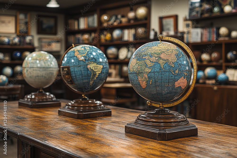 Three Antique Globes Resting On A Wooden Table Three Antique Globes Resting On A Wooden Table