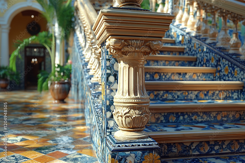 Fototapeta premium Ornate Staircase Detail Featuring Intricate Tilework