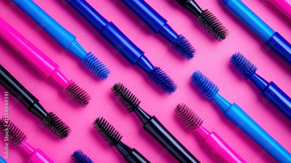 Colorful Mascara Brushes in Diagonal Pattern on Pink Background Colorful Mascara Brushes in Diagonal Pattern on Pink Background