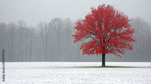 Wallpaper Mural Bright red tree in a snow-covered field with misty forest in the background, creating a stark and tranquil scene. Torontodigital.ca