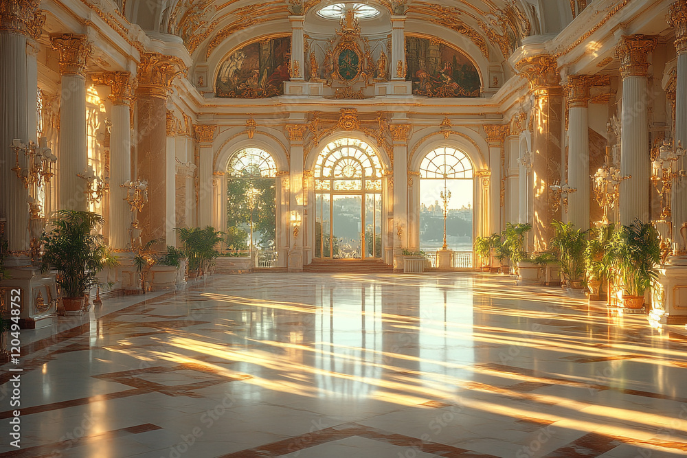 Sunlit Palace Hall With Golden Accents And Marble Floor Sunlit Palace Hall With Golden Accents And Marble Floor