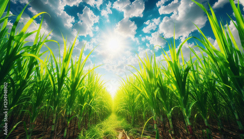 realistic sugarcane plants with vibrant green blades and white sky background for sustainable crop farming ideas
