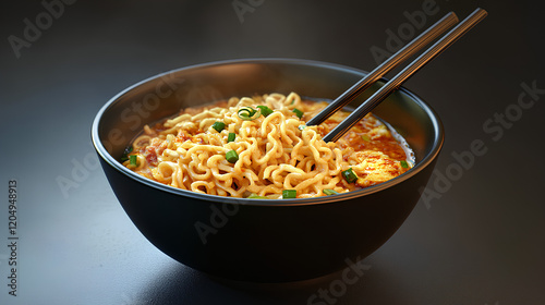 A steaming bowl of ramen noodles with green onions, served in a black bowl with chopsticks, on a dark background, showcasing a warm and inviting meal